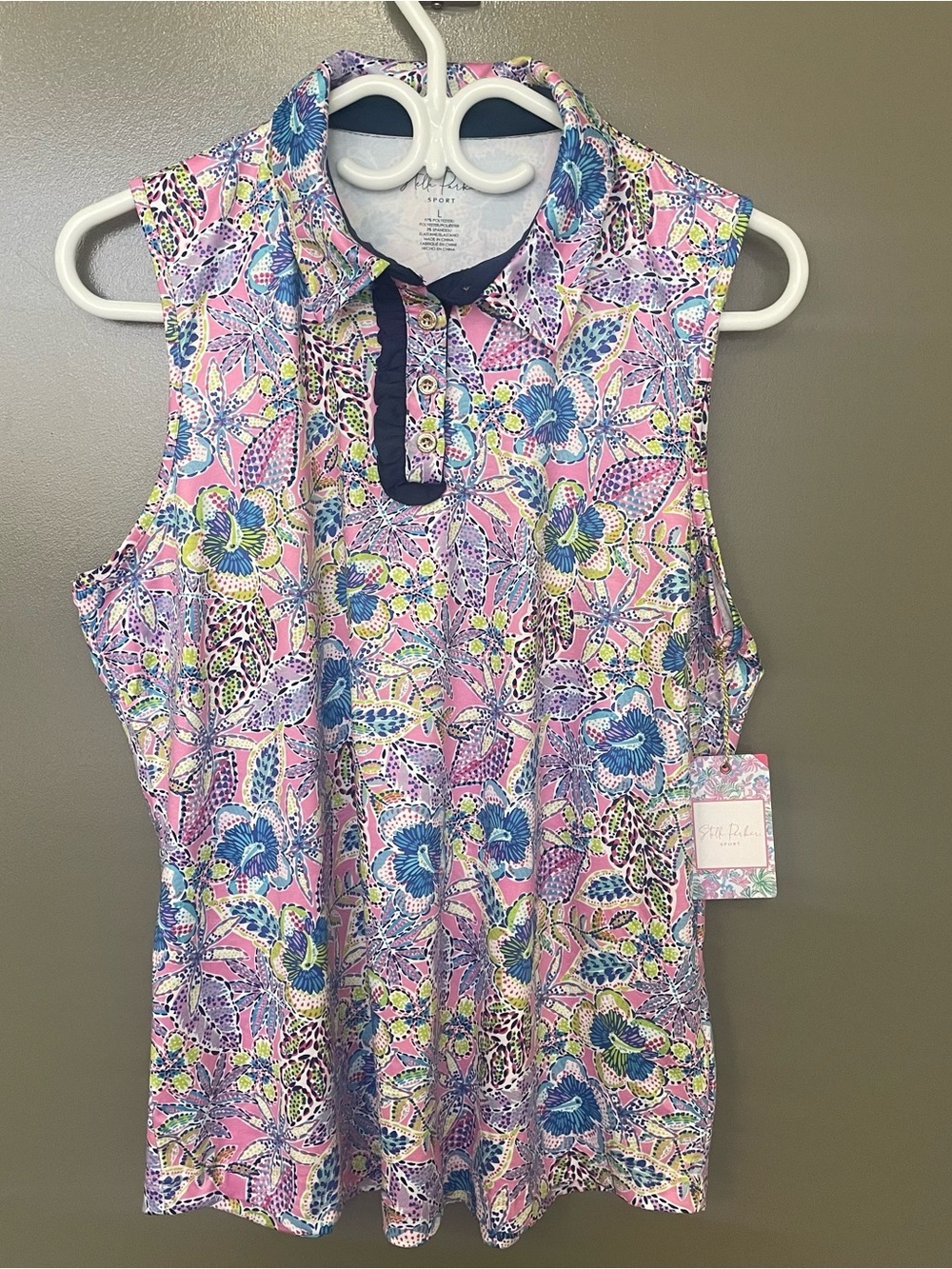 Stella Parker sport sleeveless golf polo with ruffle placket trim size Large NWT